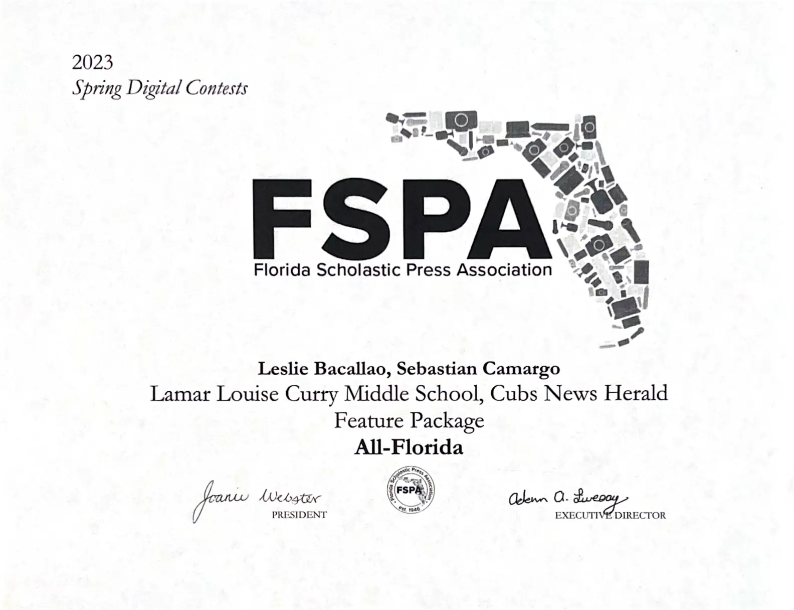A picture of FSPA all-florida recognition certificate