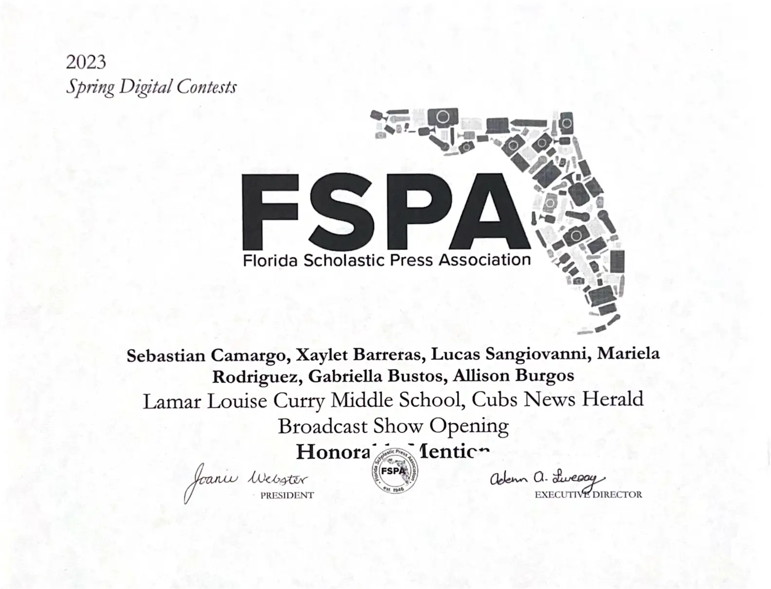 A picture of FSPA Honorable Mention certificate