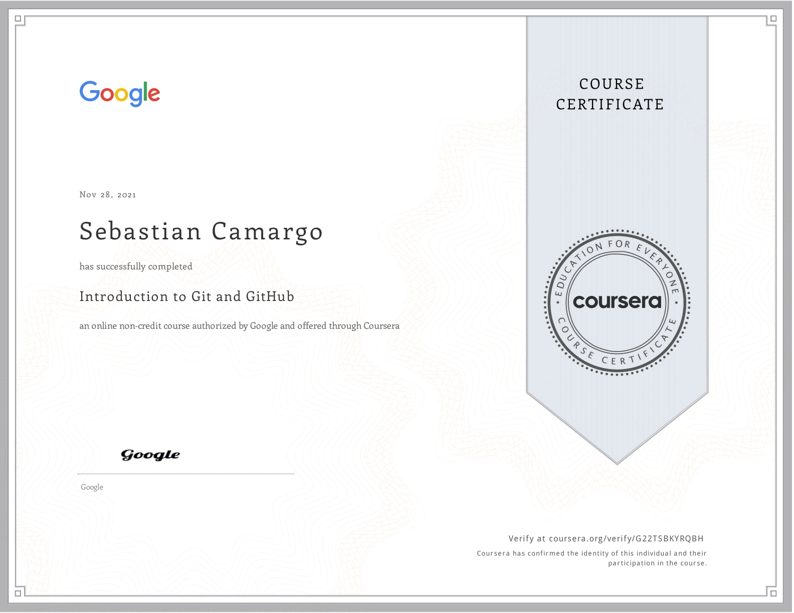 A picture of certificate G22TSBKYRQBH