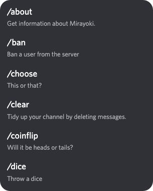 An image showing different commands for Mirayoki